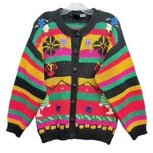 Vintage‎ HDI Designers Women's 80s Multi Color Floral Knit Cardigan Sweater M